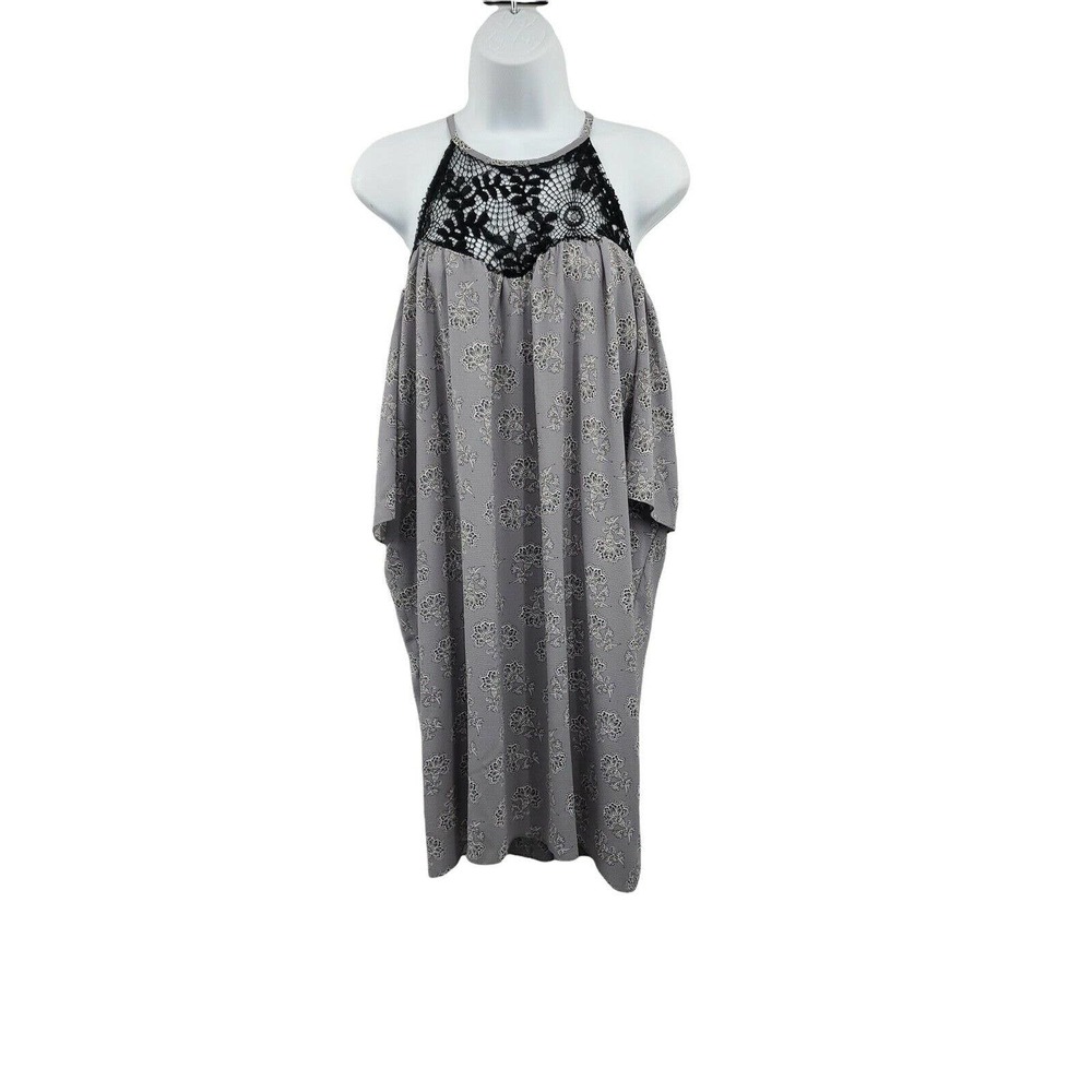 KIMIKA WOMENS SIZE LARGE SHORT SLEEVE COLD SHOULDER LACE ACCENT GREY DRESS